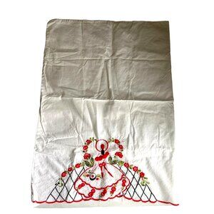 Vintage Hand-Embroidered Lady Design Cotton Pillow Cases Red Green Floral Accent